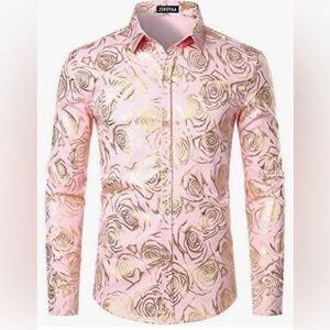 Zeroyaa Men’s Nightclub Slim Fit Pink/Gold Print XL Button Down Long Sleeve